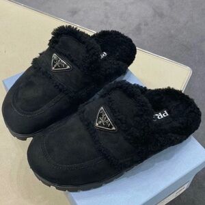 Prada Black Shearling Slippers